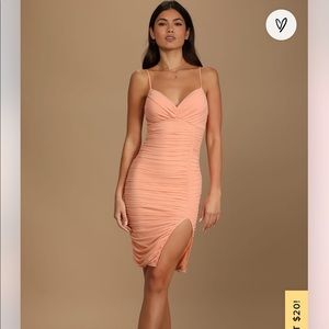 Lulus ‘Got You Staring’ Ruched Mesh Bodycon Mini Dress in Peach (new with tags!)